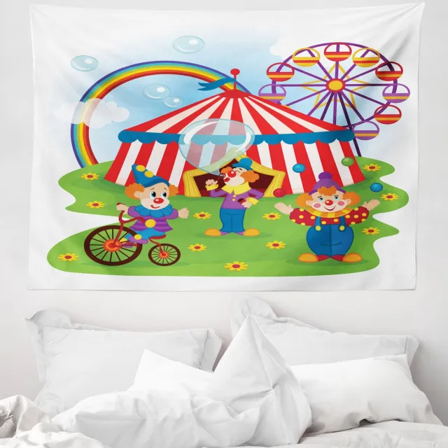 ABAKUHAUS Circus Wandtapijt, Circusscène met clowns op het gras, 150 x 110 cm, Meerkleurig Groen Wit Meerkleurig