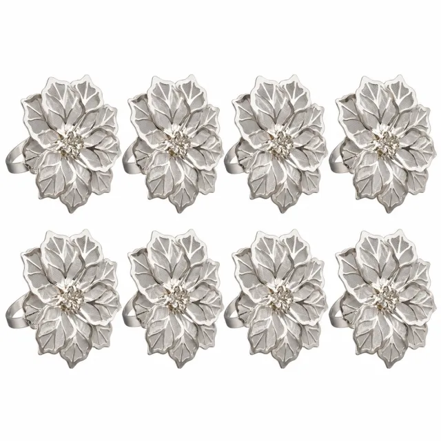 NUVEX Zilverkleurige servetringen set van 8 – servethouder ringen met bloem ontwerp – decoratieve metalen servet houders met bloemdetail – tafelaccessoires voor diner feest bruiloft en tafeldecoratie