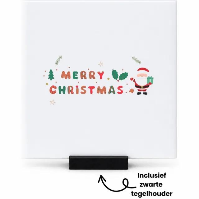 Hacebo Kerst merry christmas kerstman tegeltje met tegelhouder - Kerstmis - Kerst beker - tegeltjes met tekst - winter - kerst - christmas - kerst cadeau - spreuktegels - 10.8x10.8 CM Wit