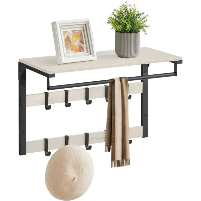 Vasagle Kapstok - Wandkapstok - Wandgarderobe met Plank - 10 Afneembare Haken - 2 Garderobestangen Wit, Zwart