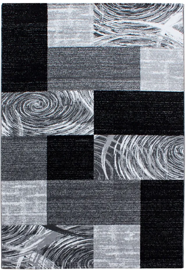 Ayyildiz Laagpolig vloerkleed met abstract ruitpatroon, zwart, geschikt voor de woonkamer, met een jute achterkant, afmetingen: 240 x 340 cm Grijs