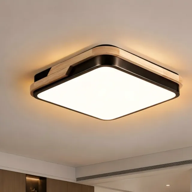Lemlit Houten LED Plafondlamp 30 x 30 cm - Vierkante Plafondverlichting met Houten Frame - 25W 2500 lm 3000K Warm Wit - voor Woonkamer Slaapkamer Keuken en Hal - Zwart Naturel