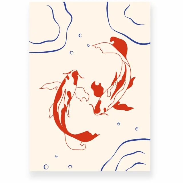 Yisual Poster 20x30 cm - Koi Vissen - Water - Beige - Oranjerood - Minimalistisch - Botanisch - Muurdecoratie - Wanddecoratie