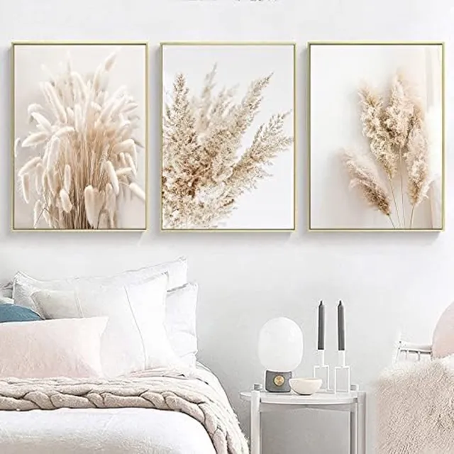 Trayosin Set van 3 posters, wandfoto's, boho, pampasgras, beige posterset, afbeeldingen voor slaapkamer en woonkamer, vintage poster, zonder lijst (B, 50 x 70 cm) natuur