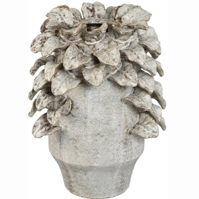PTMD Varda Beige Ceramic Rough Vase With Leaf Details