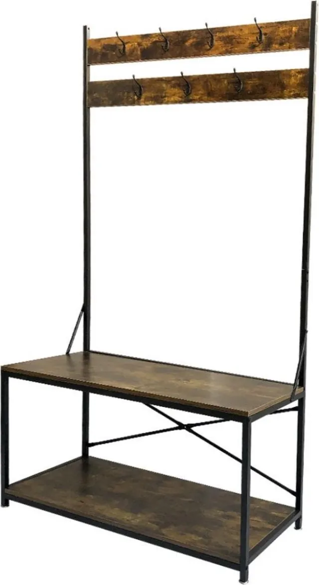 VDD Industrial Vintage Design Kapstok staande groot garderobe rek Stoer - met zitbankje schoenenrek - industrieel metaal hout - 184 cm hoog Zwart - bruin