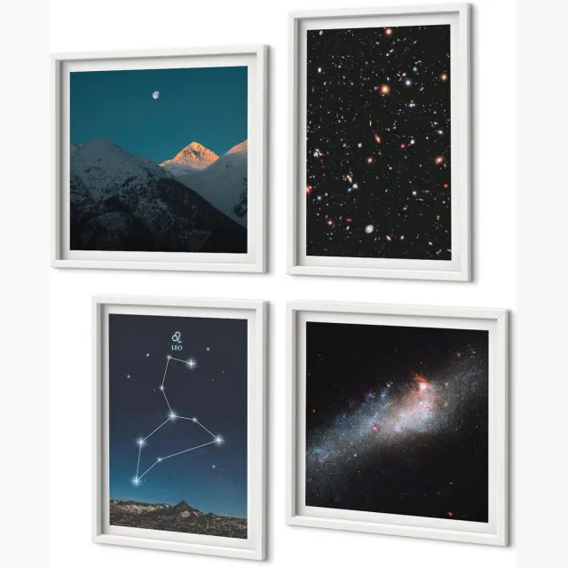 Coloray 4-Delige Schilderij Set - Sterrenbeeld Leeuw, Melkwegstelsel En De Ruimte - 40 x 40 En 40 x 60 - Stijlvolle Muurdecoratie - Slaapkamer Witte lijst