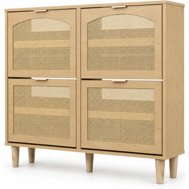City long dragon LONG DRAGON - Schoenenkast 100 x 25 x 90 cm - 4 kleplades - Rotan deuren - Metalen handgrepen Licht Eiken