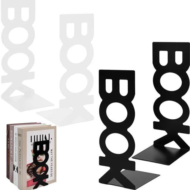 Famanu Set van 4 metalen boekensteunen, decoratieve antislip boekenhouders voor plank, kantoor, thuis, school en bibliotheek Zwart