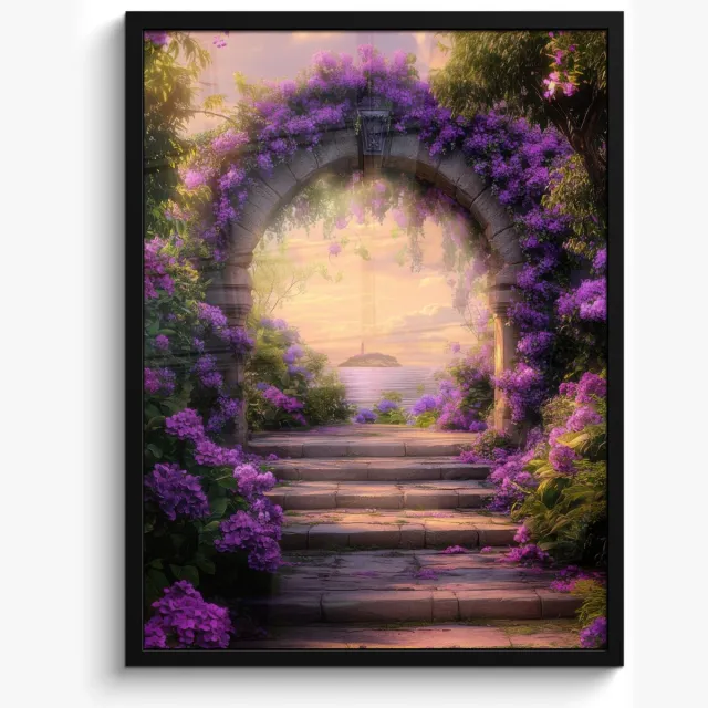 FrameYourWall Poster in lijst - Fotolijst 50x70 cm - Posters - Poort - Paars - Bloemen - Posterlijst zwart - Decoratie - Wanddecoratie woonkamer - Muurdecoratie slaapkamer Poort - Paarse bloemen