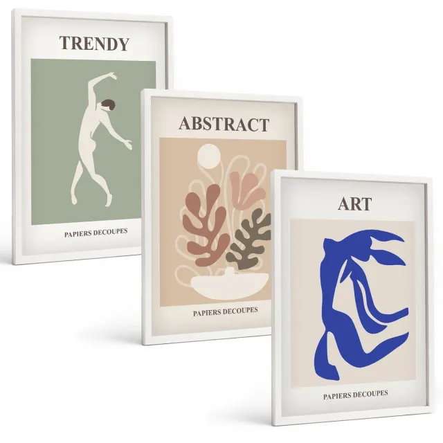 Coloray 3-Delige Schilderij Set - Stijlvolle Figuren En Plantenposters Van Henri Matisse - 40 x 60 - Decoratieve Schilderijen - Woonkamer - Interieur - Wanddecoratie Witte lijst