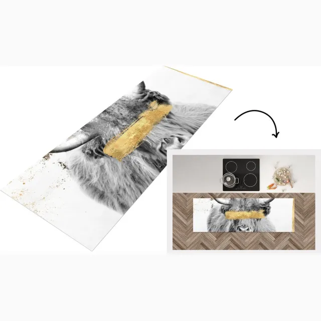 KitchenYeah Keukenloper - Loper keuken - Schotse hooglander - Zwart - Wit - Goud - Keukenloper vinyl Multicolor