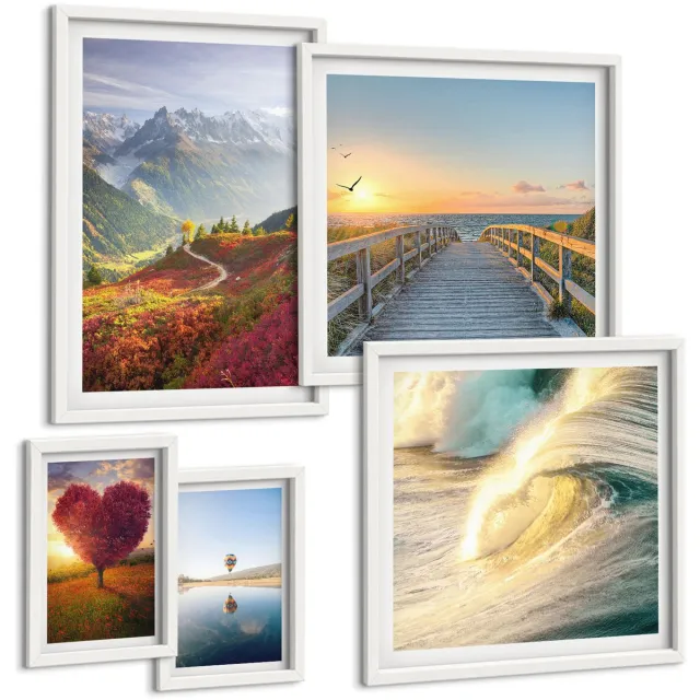 Coloray 5-Delige Schilderij Set - Landschappen Natuur Bergen Harten Golven Ballonnen - 50 x 50 cm, 20 x 30 cm En 40 x 60 cm - Moderne Wanddecoratie - Woonkamer - Muurdecoratie Witte lijst