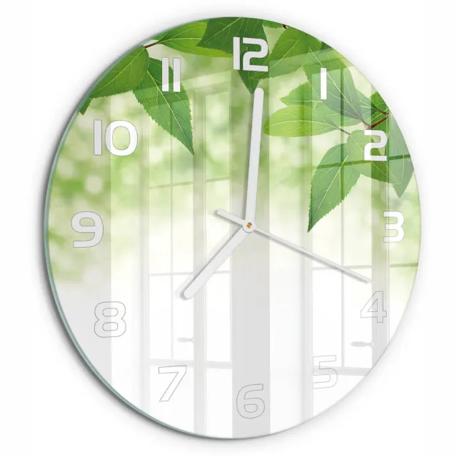 TULUP Wandklok - Groene bladeren Klok Glas Met Opdruk - fi30 cm - Groente Moderne Wandklok Glas - Witte handen - Ronde Klok - Decoratieve Glazen Klok - Glazen Wandklok Design