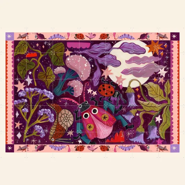 IXXI Moonlight Garden, Lena Addink - 140 x 100 cm - Grote wanddecoratie en posters - Gemengde Technieken, Speels, Cartoonesk, Grafisch Ontwerp Paars / Roze / Donkere tinten / Groen