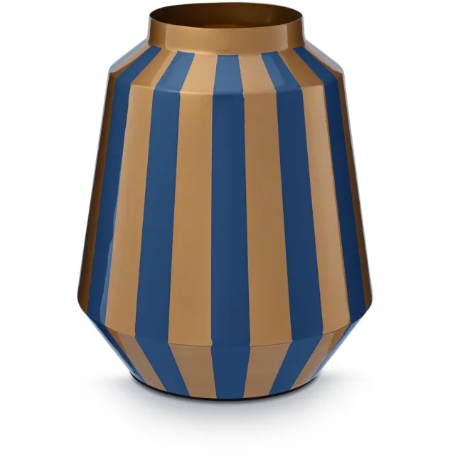 Pip Studio Vaas Stripes - Bloemenvaas van Metaal - Blauw/ Goud - 24x29cm Donkerblauw