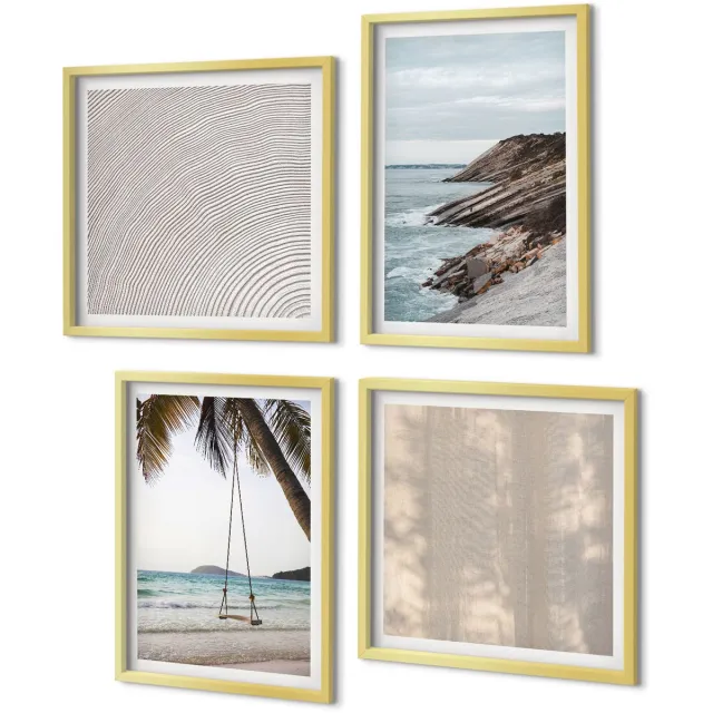 Coloray 4-Delige Schilderij Set - Zomers zand en uitzicht op zee Zomerse landschappen - 40 x 40 cm en 40 x 60 cm - Decoratieve Muurdecoratie - Slaapkamer Gouden lijst