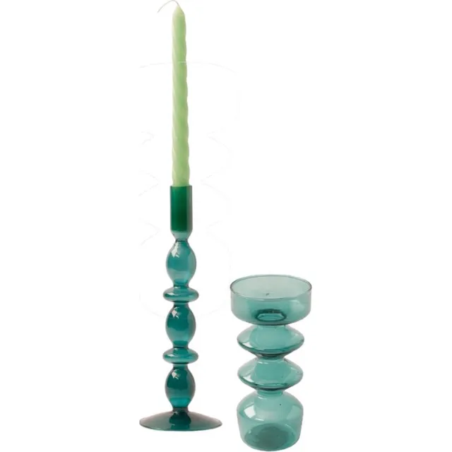 Winq Kleurige Glaskandelaren in een Zeegroene Combinatie. Kandelaar glas - Set bestaande uit 2 stuks – Decoratie woonkamer – geschikt voor Dinerkaarsen en Stompkaarsen