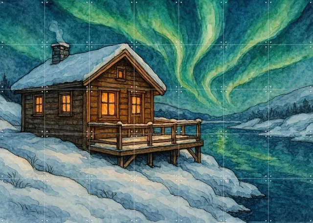 IXXI Houten Huisje Onder Het Noorderlicht, Natalie Bruns - 140 x 100 cm - Grote wanddecoratie en posters - Kleurrijk, Aquarel, Illustraties Blauw / Wit / Groen