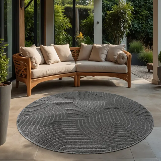 Muratap Berlin Outdoor - Japandi - Rond - Grijs - Vloerkleed Binnen en Buiten - Laagpolig Tapijt Tuin- 200 CM ROND