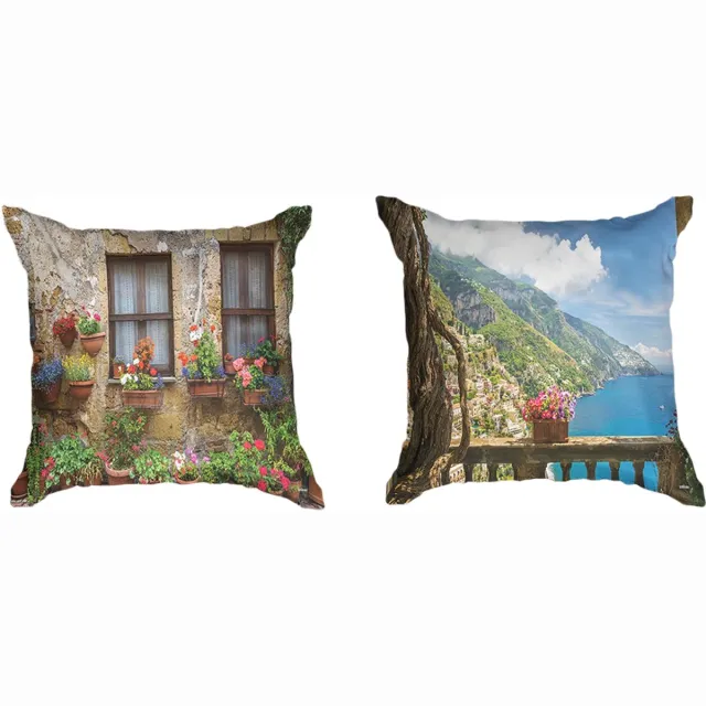 Ulticool Kussenhoes - Doorkijk Ramen Bloemen Natuur - Set van 2 Kussens Exclusief Kussenvulling - Sierkussens 45x45 cm - Sierkussenhoes Accessoires - Kussentjes Bank voor Decoratie Blauw