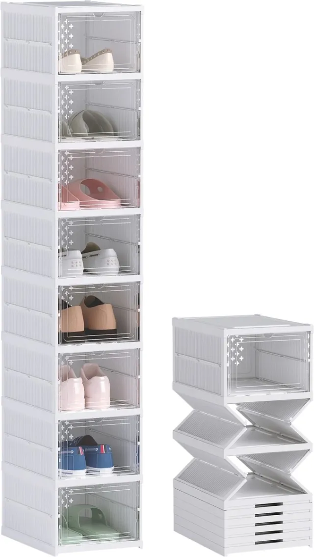 Happiq Schoenenboxen van Kunststof & ABS – Schoenenopbergsysteem 35x26x140 cm – Wit