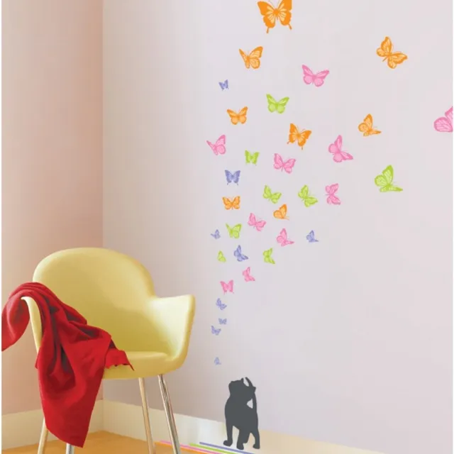 Ambiance Sticker Decoratieve muurstickers met een kat en vlinders Multi color
