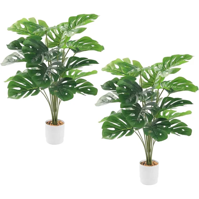 Karzo Monstera Kunstplant in Pot, 2 Stuks, Groot 75 cm, Splitphilo Plant als Echte Tropische Palm voor Thuis, Tuin, Kantoor, Decoratie Wit