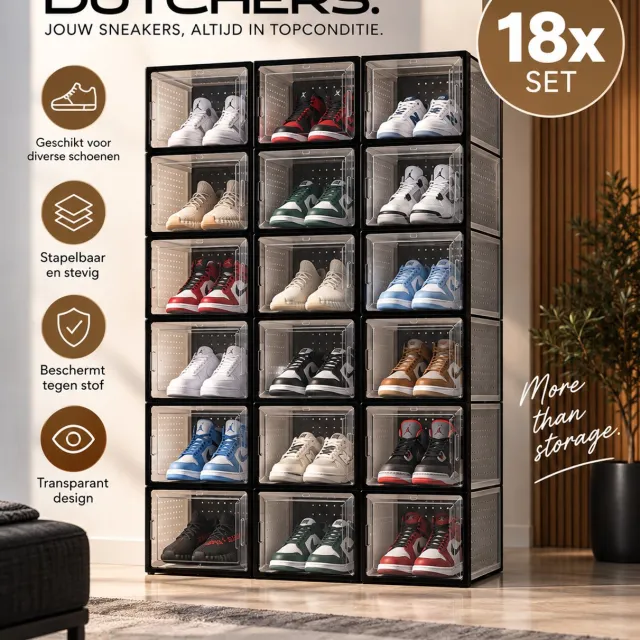 Dutchers Sneakerbox - Schoenendozen Set 18 Stuks – Stapelbare Schoenen Opbergboxen – Transparante Schoenen Organizer – Opvouwbaar – Schoenenrek - Schoenenkast Opbergsysteem – Zwart – t/m Transparant-zwart