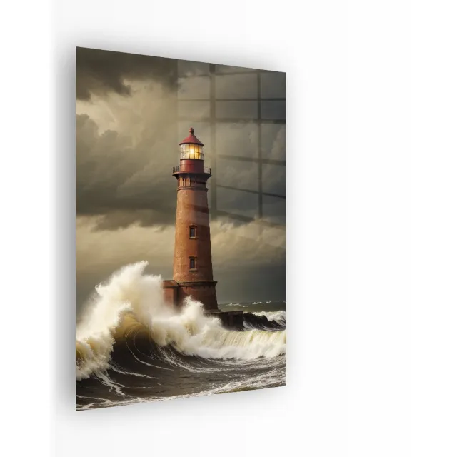 Indoorart Glasschilderij Vuurtoren in de Storm 40x60 CM - Afbeelding op plexiglas - Inclusief montagemateriaal zwart, grijs, rood, wit, bruin