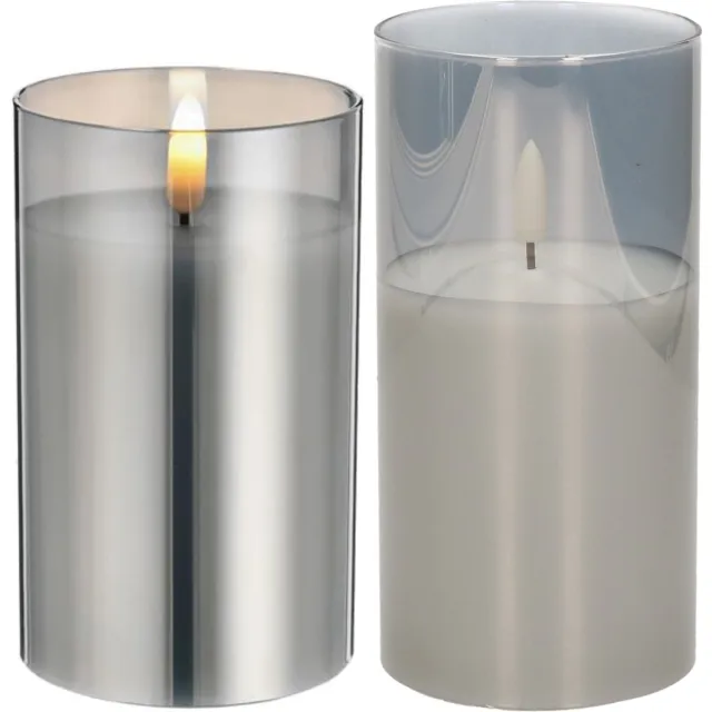 Cepewa Set van 2x luxe led kaarsen in grijs glas 12.5 en 15 cm met timer op batterijen