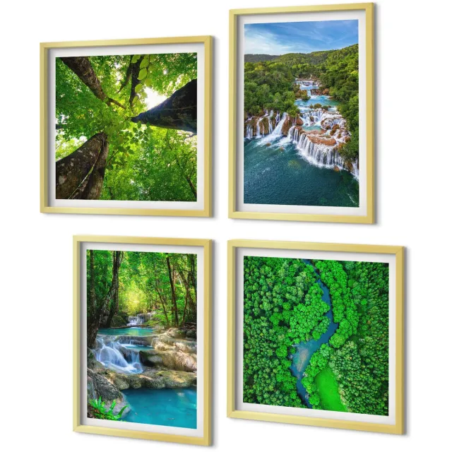 Coloray 4-Delige Schilderij Set - Watervallen in een groen bos met kristalhelder water. - 40 x 40 cm en 40 x 60 cm - Moderne Wanddecoratie - Slaapkamer - Interieur Decoratie Gouden lijst