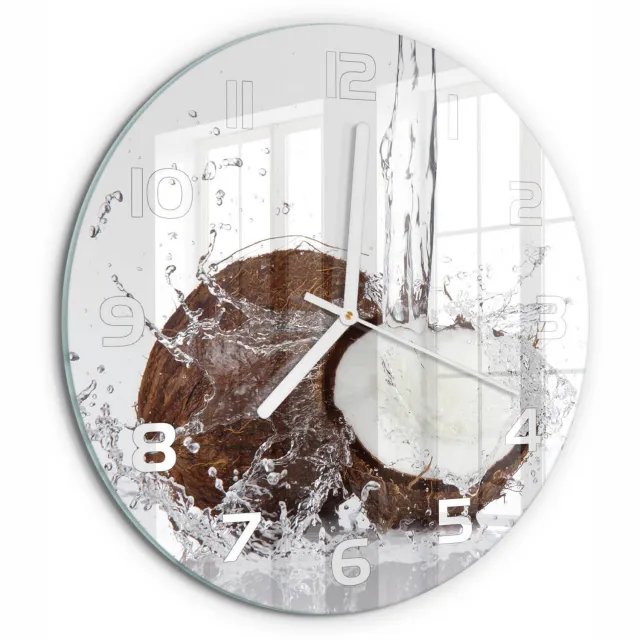 TULUP Wandklok - Kokosnoot Klok Glas Met Opdruk - fi30 cm - Bruin Moderne Wandklok Glas - Witte handen - Ronde Klok - Decoratieve Glazen Klok - Glazen Wandklok Design