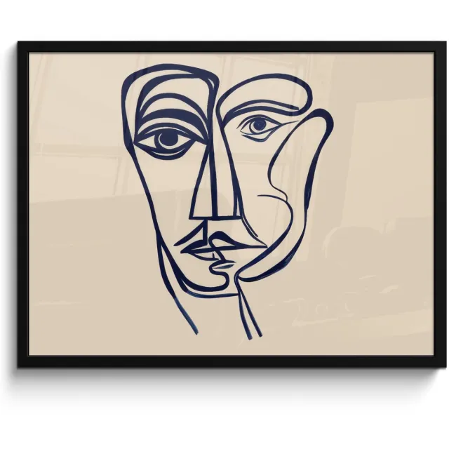 FrameYourWall Poster in lijst - Fotolijst 70x50 cm - Posters - Minimalistisch - Lijnillustratie - Beige - Donkerblauw - Posterlijst zwart - Decoratie - Wanddecoratie woonkamer - Muurdecoratie slaapkamer Lijnillustratie - Gezicht