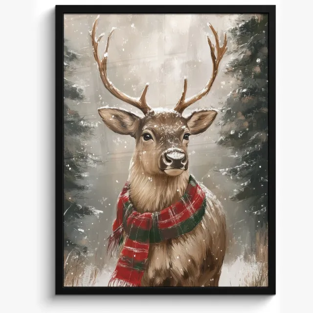 FrameYourWall Poster in lijst - Fotolijst 50x70 cm - Posters - Winter - Bos - Rendier - Donker - Posterlijst zwart - Decoratie - Wanddecoratie woonkamer - Muurdecoratie slaapkamer