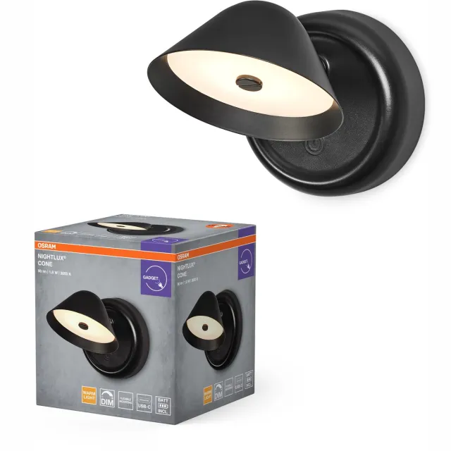 Osram Nightlux LED-lamp Cone, 3000 K, dimbaar via aanraking, met USB-batterij en magneetplaat, kan worden gemonteerd als nachtlampje of oriëntatielampje Zwart