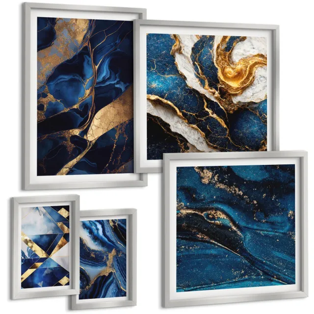 TULUP 4-Delige Schilderij Set - Abstracte patronen in blauwe tinten - 50 x 50 cm, 20 x 30 cm en 40 x 60 cm - Schilderijen Set - Wanddecoratie - Woonkamer - Moderne Wanddecoratie Zilveren lijst