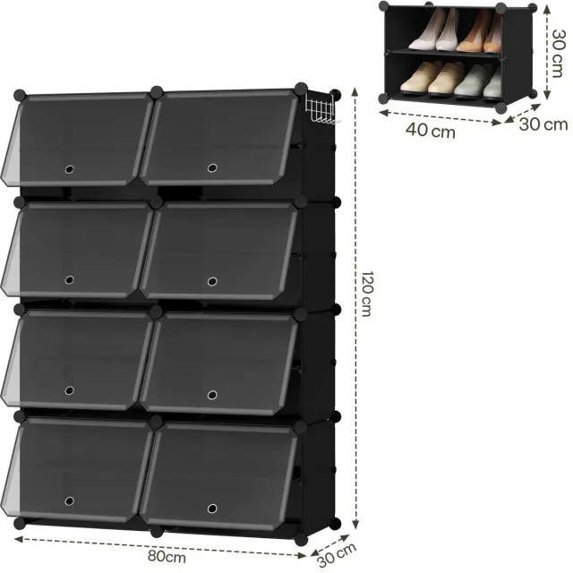 Wolcky Modulaire Schoenenkast - Schoenenrek - Schoenen Organiser - Stapelbaar en Opvouwbaar - Transparant - Opbergkubus met Deuren - Ruimtebesparend - Zwart
