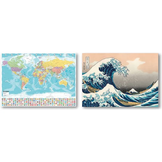 Posterpoint Wereldkaart poster + Great Wave of Kanagawa XXL poster - Set van twee posters - Formaat wereldkaart 50 x 70 cm - Formaat Kanagawa poster 84 x 120 cm multi