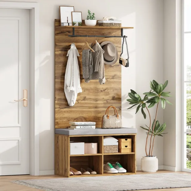 Merlooks 175 cm hoge garderobeset in houtlook met schoenenbank, verstelbare plank, kledingroede en stoffering - 84 x 32 cm - Praktisch halmeubilair eik