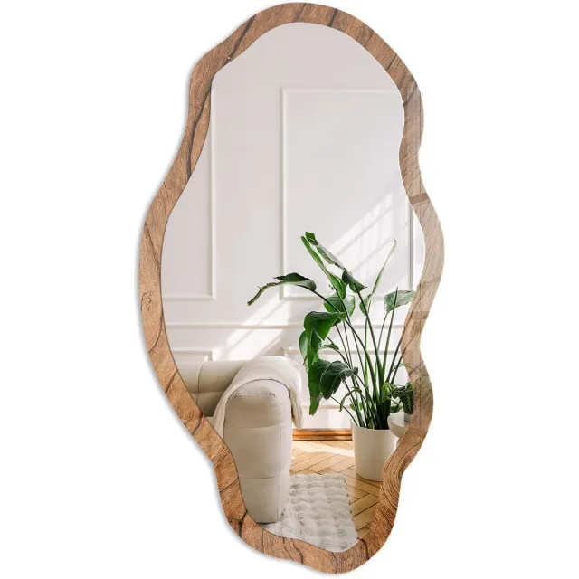 Coloray Houtstructuur Spiegel - Bruin Elegante Rechthoekige Wandspiegel - Organische Spiegel - Woonkamer, Kantoor, Slaapkamer - Rustiek - 45x90 cm - Totale afmeting 52x97 cm HoutnerfstructuurTextuur, Bruin