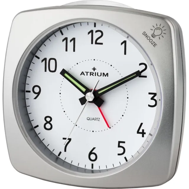 Atrium Wekker - Analoog - Zonder Tikgeluid - Zilver - Opbouwend alarmsignaal - Zachte knipperverlichting tijdens Alarm - Snooze - Glow in the dark wijzers - Grote Knoppen - Quartz Uurwerk - Wekkers Slaapkamers - Klok - A251-19