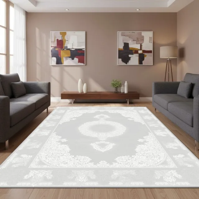 TapisTrend Designer tapijt Grijs Klassiek oosters acryl vloerkleed met bloemenmedaillon voor de woonkamer, slaapkamer en eetkamer