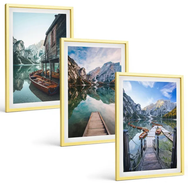 Coloray 3-Delige Schilderij Set - Groene Plantenbladeren Met Het Opschrift "Wijn". - 40 x 40 cm En 40 x 60 cm - Stijlvolle Muurdecoratie - Kantoor - Decoratieve Schilderijen Gouden lijst