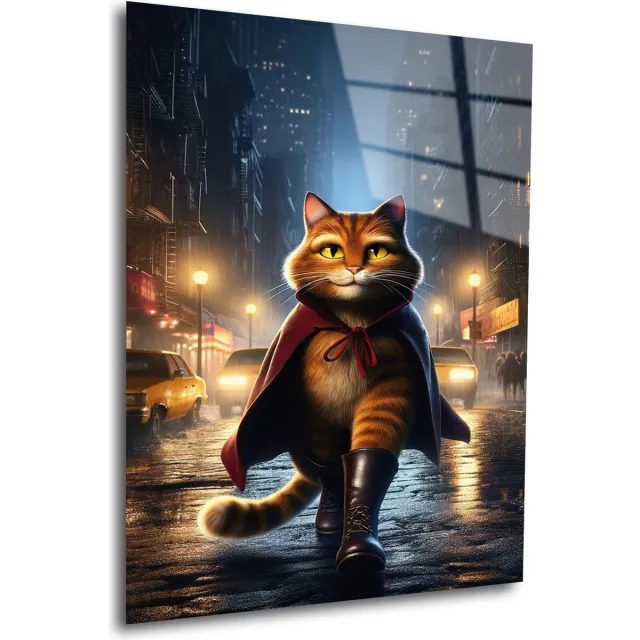 Myfinto Indoorart - Glasschilderij gelaarsde kat 80x120 CM - Afbeelding op plexiglas - Inclusief montagemateriaal zwart, blauw, geel, bruin, rood