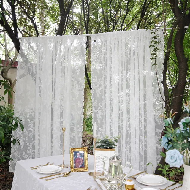 Qelus Gordijnen 2 stuks 150x180cm - Wit Kant Vitrage met Bloemmotief & Golfrand - Kant en Klaar - Transparante Sheer Gordijnen voor gordijnroede - Gratis Linten - Roedezak voor Woonkamer/Slaapkamer
