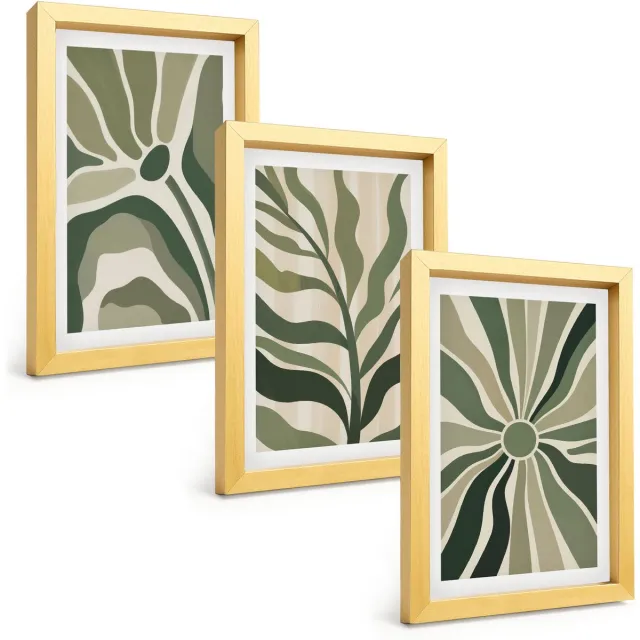 TULUP 4-Delige Schilderij Set - Plantenpatronen in tinten groen en beige - 20 x 30 cm - Stijlvolle Muurdecoratie - Kantoor Gouden lijst