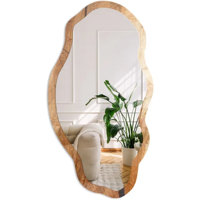 Coloray Houtstructuur Spiegel - Bruin Moderne Rechthoekige Wandspiegel - Organische Spiegel - Woonkamer - Rustiek - 45x90 cm - Totale afmeting 52x97 cm HoutnerfstructuurPrint, Bruin