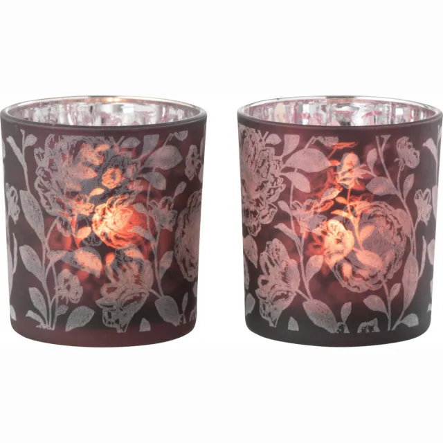 J-Line windlicht Bloemen - glas - paars/zilver - small - 2 stuks Zilver - Multi