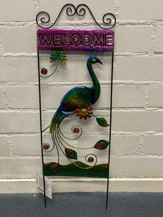 Impuls Metalen tuinsteker Welcome + pauw - metaal + glas - zwart + meerkleurig - hoogte 68 cm x 22 x 1.5 cm - Tuindecoratie - tuinstekers Zwart + meerkleurig - pauw